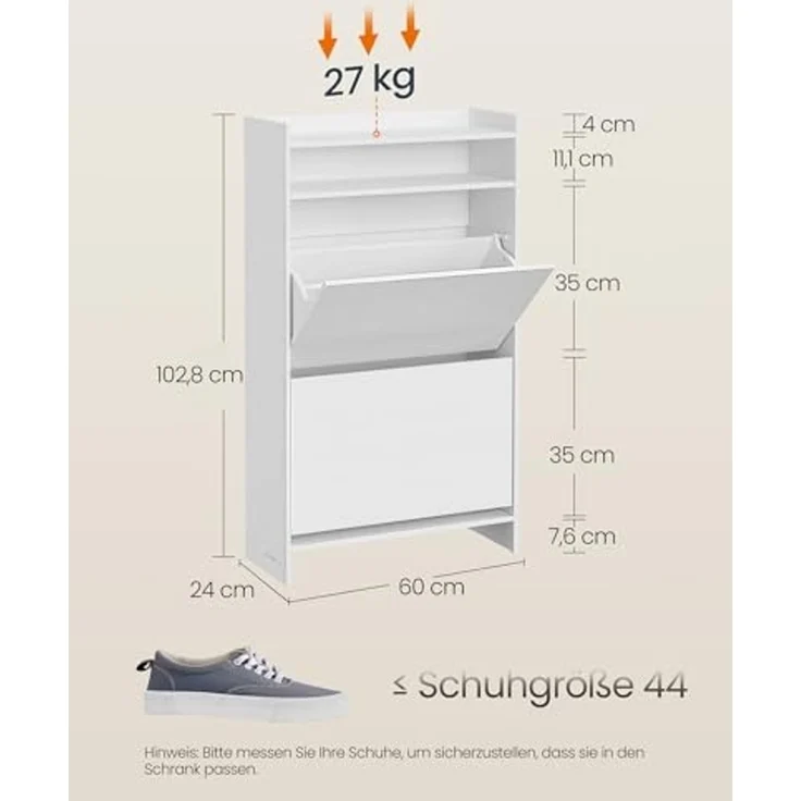 SONGMICS Home Schuhschrank 2 Klappen, superschnelle werkzeuglose Montage, Toolless-Technologie, Schuhkipper schmal, Schuhaufbewahrung, Trennwand verstellbar, modern, schneeweiß LBC228WE01 – Bild 2