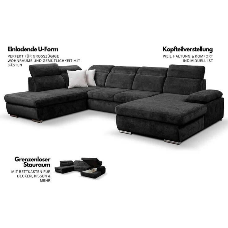 WERK2 Wohnlandschaft Cordoba inkl. Bett & Bettkasten, Kopfteilverstellung, zeitlos, bequem, Struktur, U-Form, XXL, Schlaffunktion, Bettkasten – Bild 3