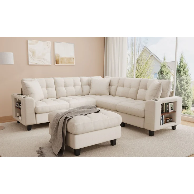 ZUBALIYA Modulare Wohnlandschaft, mit Stauraum, mit USB-C-Anschluss, modular kombinierbar, mit Getränkehaltern, mit Hocker, H 83 × T 216.5 × B 216.5 cm, Beige, Chenille – Bild 21