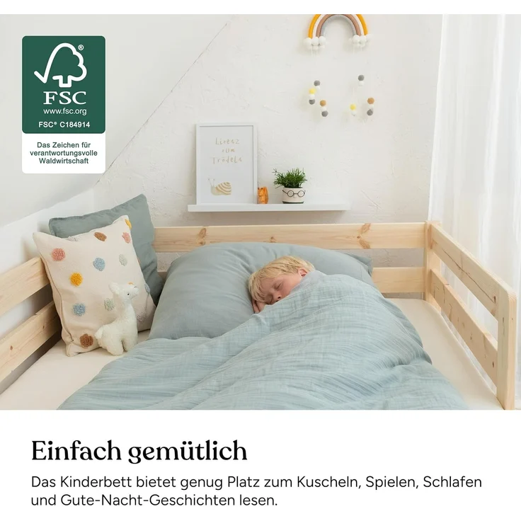 Ehrenkind Kinderbett aus massivem Kiefernholz mit Rausfallschutz in Natur und Weiß (Jugendbett in weiß, Kinder Bett), Kinderbett 120x200 cm – Bild 5