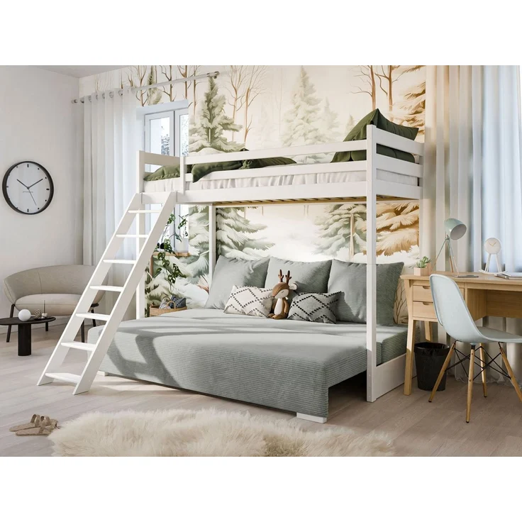 Kids Collective Hochbett 90x200 cm mit Schlafsofa 140x200 cm Couch in Cord-Stoff, 3 Kissen (Stockbett mit Leiter und Schlafcouch 200x140) OEKO-TEX100 mit 3 Kissen Sofa Etagenbett weiß 200x90 salbeigrün