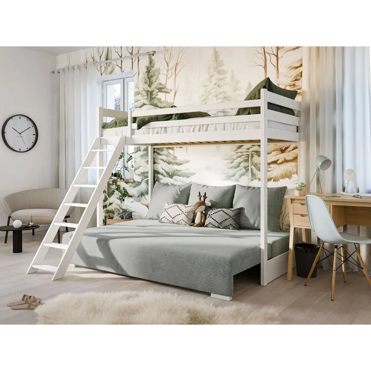 Kids Collective Hochbett 90x200 cm mit Schlafsofa 140x200 cm Couch in Cord-Stoff, 3 Kissen (Stockbett mit Leiter und Schlafcouch 200x140) OEKO-TEX100 mit 3 Kissen Sofa Etagenbett weiß 200x90 salbeigrün