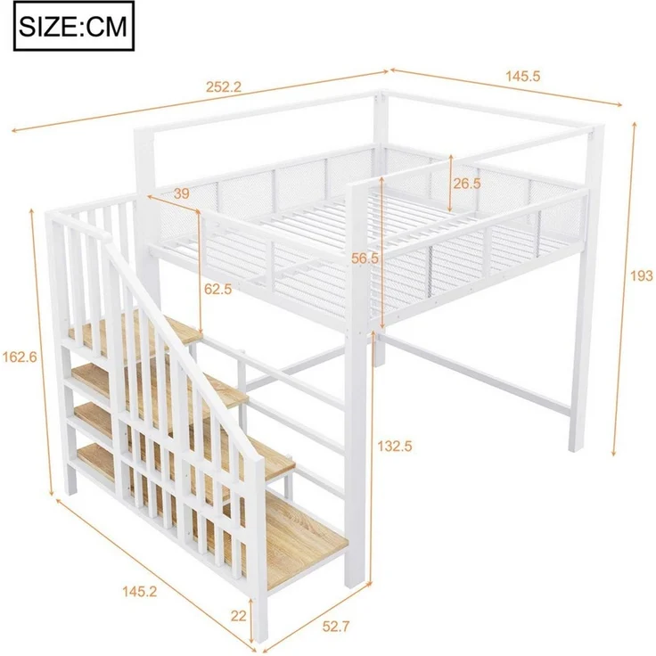BlingBin Hochbett Metallbett Kinderbett Jugendbett mit Baldachin,Sicherheitstreppe (3 Packung, 1-St, Arbeitsfläche unter dem Bett, Stauraumstufen) Einzel-Hochbett fürs Schlafzimmer,Weiß,140×200cm – Bild 4