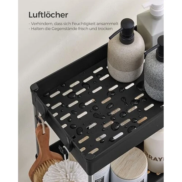 SONGMICS Rollwagen, Küchenwagen mit 4 Ebenen, Küchenregal, Nischenregal, mit 6 Haken, 360° drehbare Räder, Stahlgestell, Bad, Küche, Büro, schwarz KSC010B01 – Bild 6