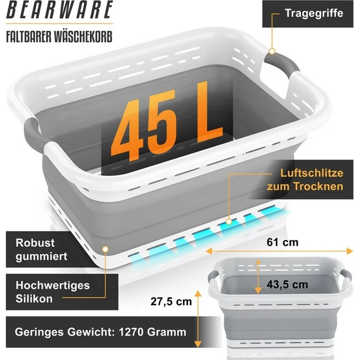 BEARWARE Wäschekorb Faltbarer Wäschekorb 45 l, Wäschewanne mit gummierten Griffen (1 St), faltbar von 27,5 auf 8,5 cm, über 70% Raumgewinn, Belüftungsschlitze – Bild 2