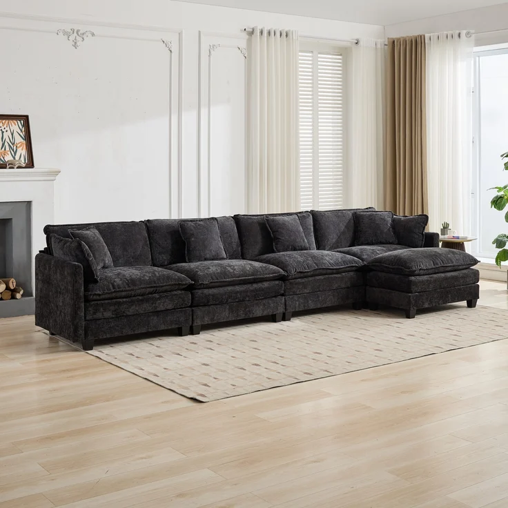 Cloud-Sofa 4 Sitzplätze (ohne Stuhlschläger),moderne Kombinationssofa für Wohnzimmer Schlafzimmer und Wohnung bequeme Doppel-Kissenkissen 80 % atmungsfreier Schneier Stoff,Schneier Stoff,schwarz, – Bild 8