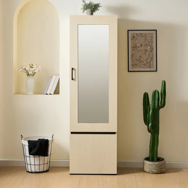 Schmaler Garderobenschrank mit Spiegel und ausziehbarer Kleiderstange – Moderner Flurschrank, platzsparender Garderobenschrank für Flur, Schlafzimmer und Wohnung.[OLD SKU: GL3812N]--Holz--54x34.5x179.5cm--YOUDENOVA – Bild 3