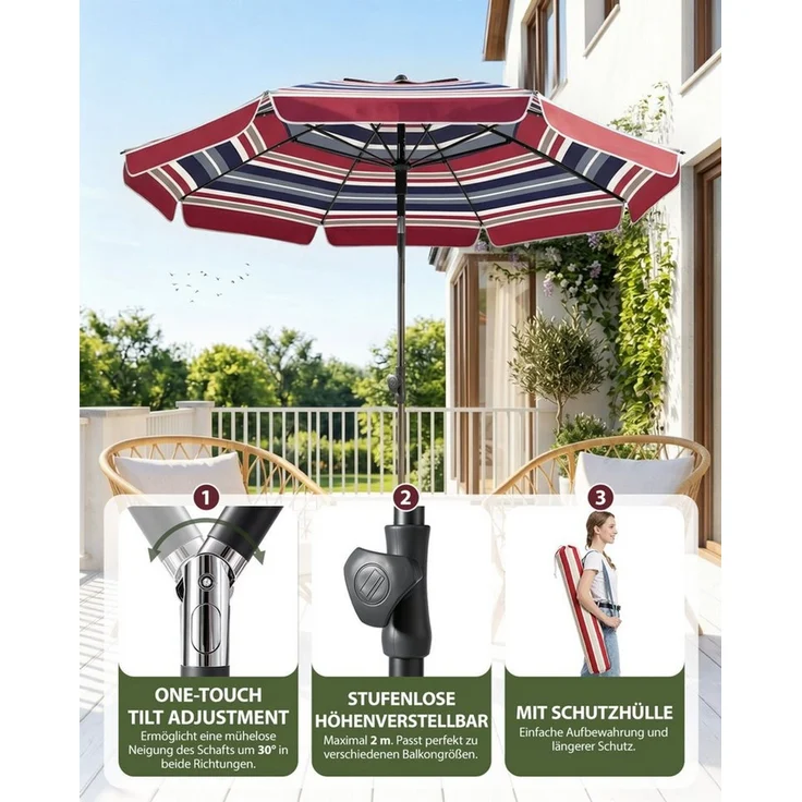 SUNULA Sonnenschirm 180 cm Balkon Balkonschirm mit Schutzhülle Gartenschirm mit Knickbar, Gartenschirm Höhenverstellbarem, UPF 50+ UV-Schutz – Bild 2