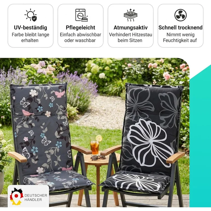NYVI Hochlehnerauflage Hochlehner Auflagen 4er Set Barcelona - Gartenstuhlauflagen 118x50cm, (4 St), Stuhlauflage, Sitzauflage mit Halteband, UV-fest – Bild 3