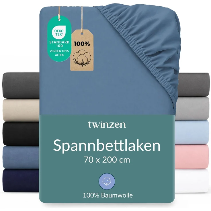 Twinzen Spannbettlaken 70x190/200 cm - 100% Jersey Baumwolle, Blau - Oeko Tex Zertifiziert - Bettlaken 70x190/200 cm