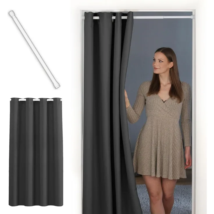 tinycurtains Türvorhang mit Stange weiß 55-90 cm ohne Bohren, Thermo Vorhang Tür, Ösen, abdunkelnd, Polyester, blickdicht, Anthrazit Nebula, Türgardine mit Klemmstange verdunkelnd