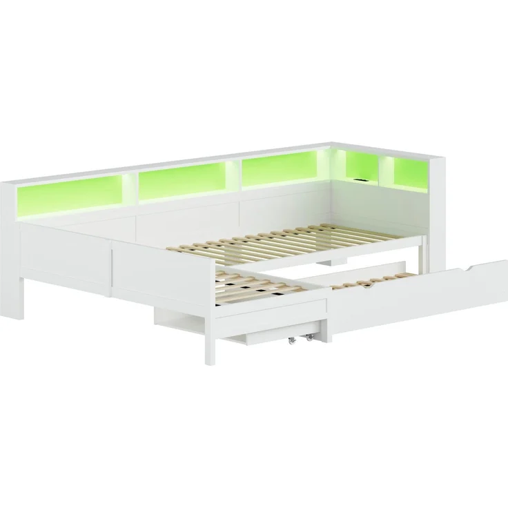 Bett mit LED-Streifen, 3 Schlafgelegenheiten, Regal, Schubladen und Gästebett, 90x200 cm, Holzbett, Jugendbett mit 2 Lattenrosten, L-Form – Bild 5