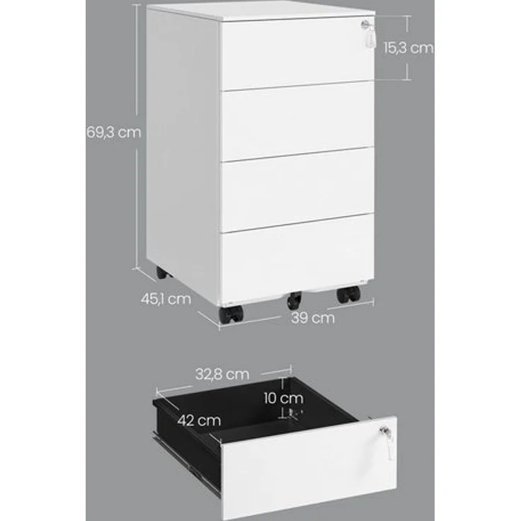 Songmics Rollcontainer abschließbar mit 4 Schubladen, Stahl wolkenweiß, 45,1 x 39 x 69,3 cm – Bild 5