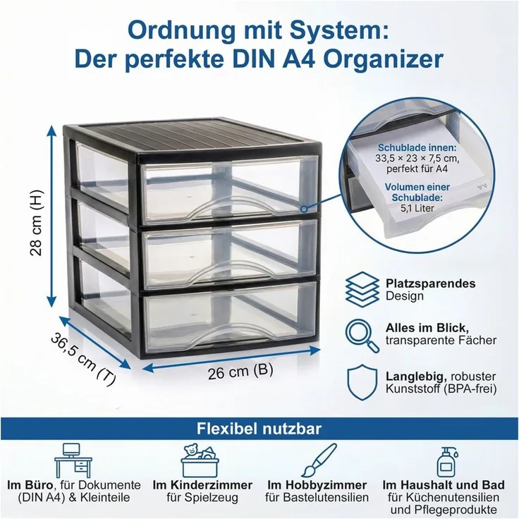 Hausfelder Schubladenbox Schubladenschrank A4 mit 3 Schubladen, Schreibtisch Ordnungssystem, (1-St, A4 mit 3 Schubladen), leicht zu reinigen, BPA-freier Kunststoff, verschiedene Größen