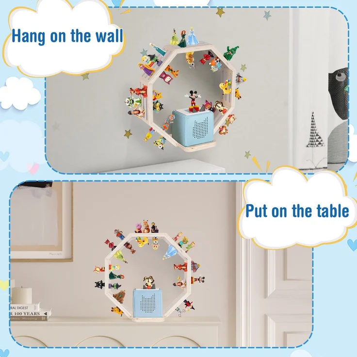 Todeco Tonie-Regal für Toniebox Hörfiguren, Magnetische Aufbewahrung für 60-70 Tonie, Wandregal und Schreibtischregal, Kinderregal für Mädchen & Jungen, Kleines Achteck – Bild 3