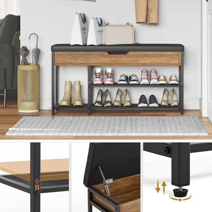 Mondeer Schuhbank Aufbewahrungsbank (3 Etagen), mit Verstellbarem Regal, mit gepolstertem Sitz und verdeckter Lagerung – Bild 5