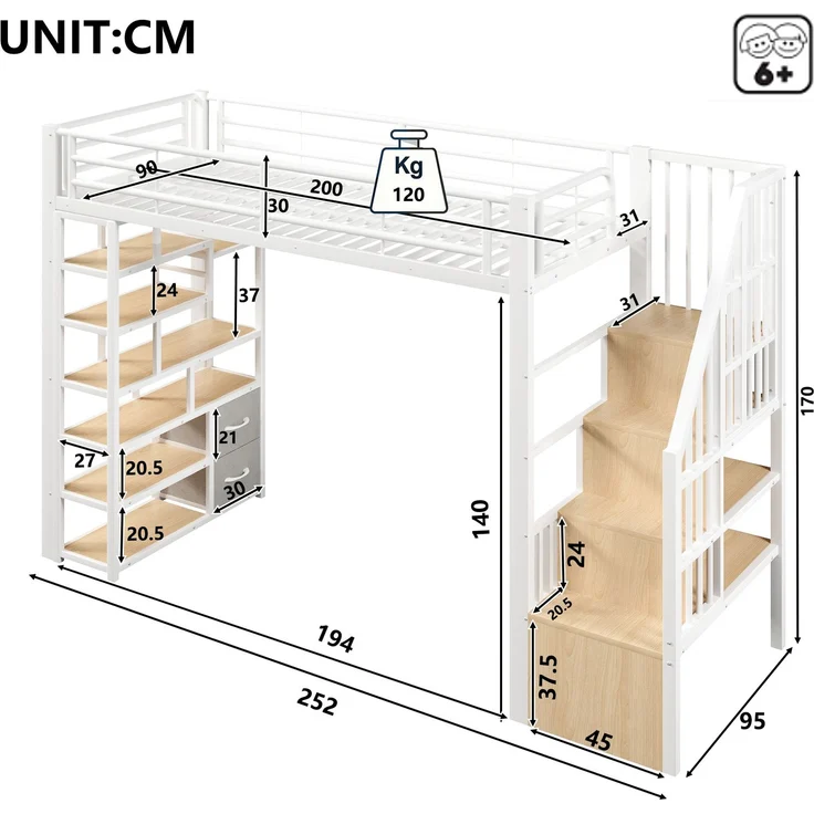 EINHOM Hochbett, 90 x 200 cm, Eisenrahmen, Ablagefach, Stoffschubladen ,integrierte Stufen, Schutzgeländer, Leiter, mit LED-Lichtleiste, offener Stauraum unter dem Bett, Ohne Matratze, Weiß – Bild 2