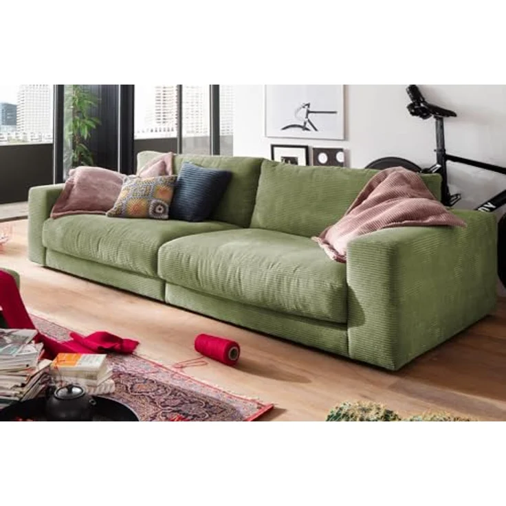 Kawola 3-Sitzer Sofa Madeline, Grün, Textil, Komfortschaum, 290x85x127 cm, zeitloser Cord-Stoff – Bild 2