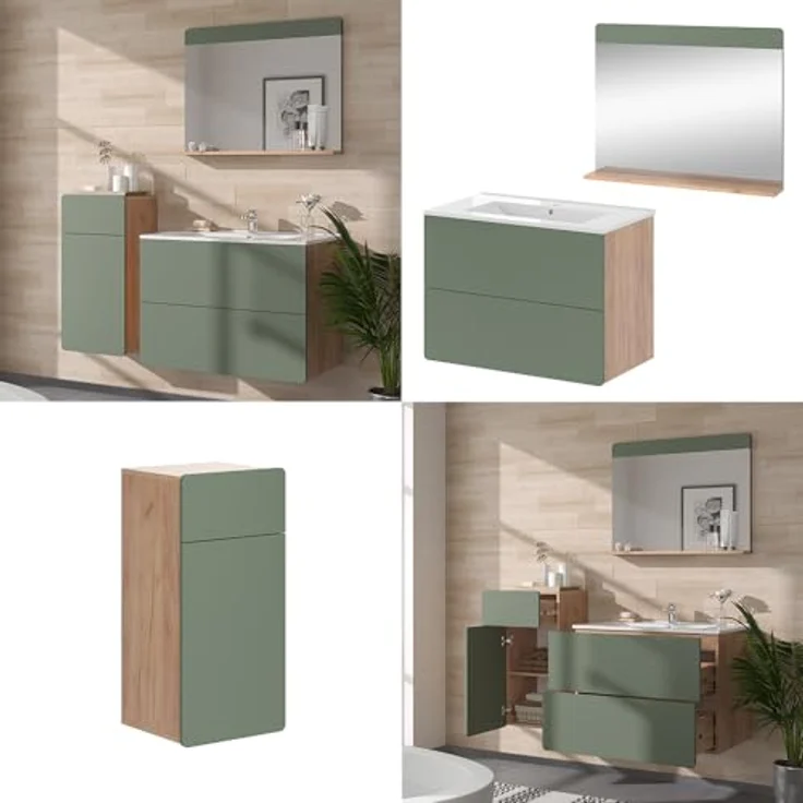 Vichy Badmöbelset Izan, 4-teiliges Badmöbel-Set in Goldkraft Eiche und Grün mit Midischrank – Bild 7