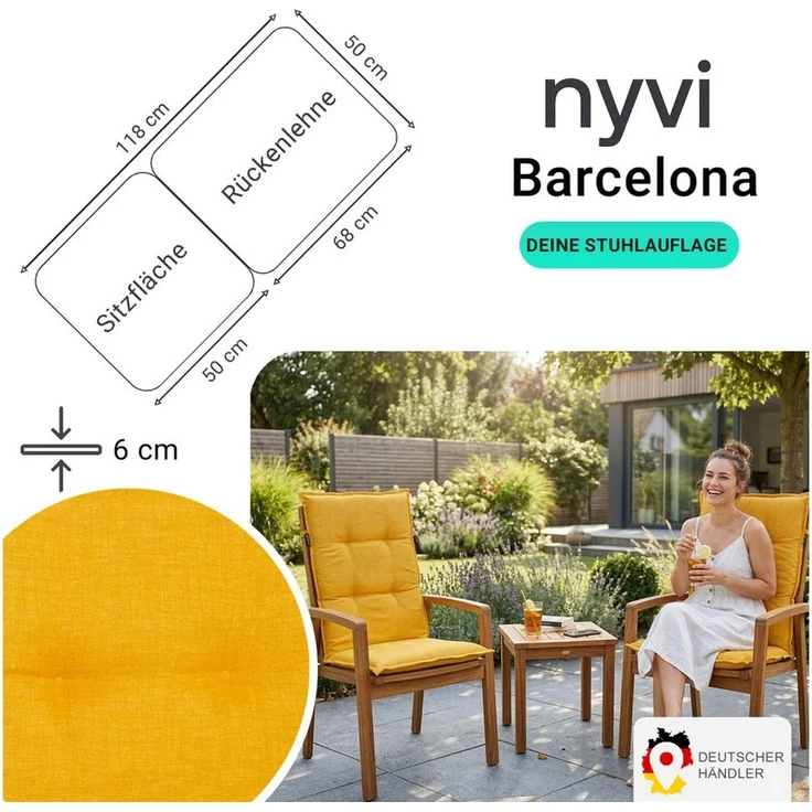 NYVI Hochlehnerauflage Hochlehner Auflagen 2er Set Barcelona - Gartenstuhlauflagen 118x50cm, (2 St), Stuhlauflage, Sitzauflage mit Halteband, UV-fest – Bild 2
