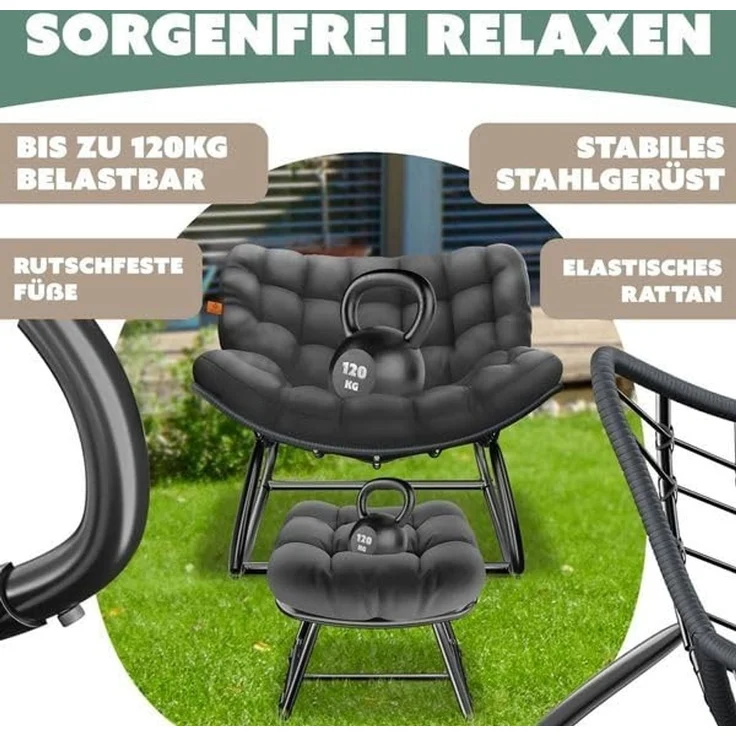 KESSER® Schaukelstuhl für drinnen & draußen ergonomischer Schaukelsessel | maximale Belastung von 120kg Relaxsessel mit Rutschfesten Füßen, Witterungsbeständig | Ideal für Balkon, Garten & Wohnzimmer Anthrazit, XXL Chillexer Pro – Bild 7