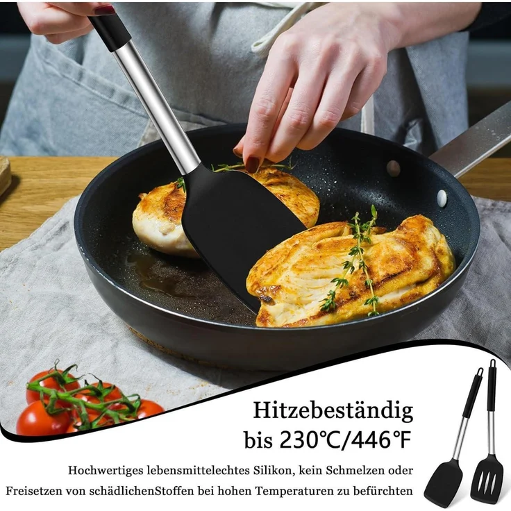 Homikit Silikon Pfannenwender Set Schwarz Edelstahlgriff 2er Kochbesteck – Bild 6
