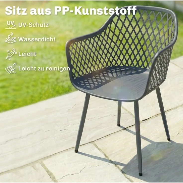 Gartenstuhl-Set 4er Set 56x51x84 cm – UV-beständige Kunststoffsitze mit Armlehnen in Dunkelgrau – Bild 3