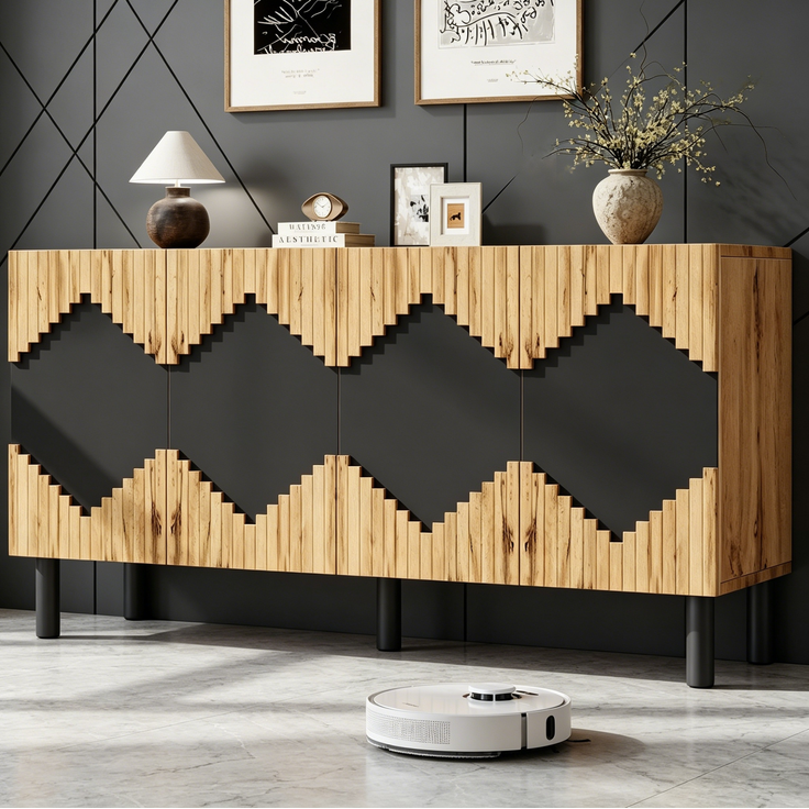 DESVIAE Sideboard Natur/Schwarz aus MDF/Spanplatte – 140x70x40 cm – 2 Türen, Push-Open – Bild 3