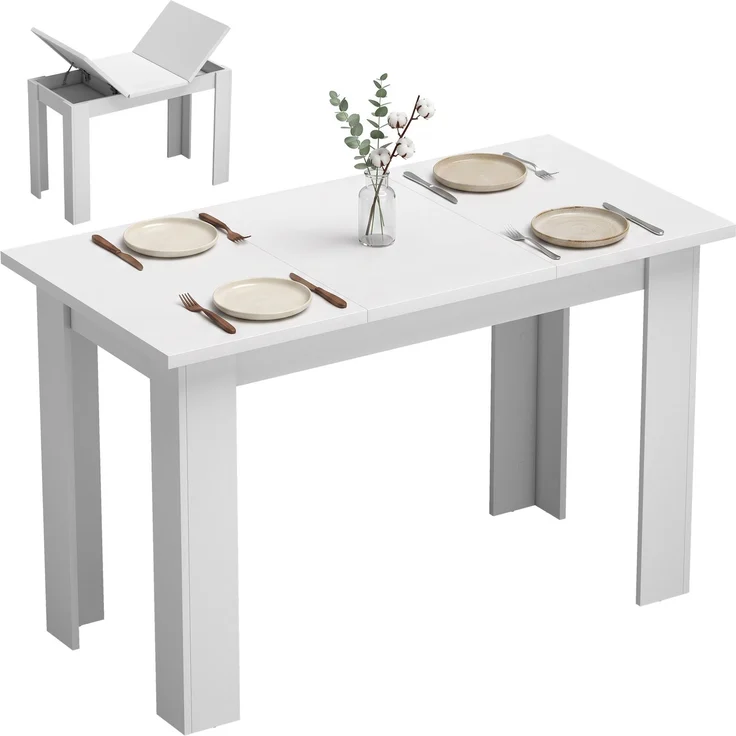 Wohnora-Esstisch mit verstecktem Stauraum, rechteckiger Küchentisch mit Seitenfächern, Weiß,H 755cm x T 1200cm x B 600cm – Bild 1