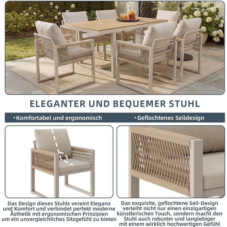 Merax 7-tlg. Garten-Essgruppe, Outdoor-Esstisch-Set, mit 1 Tisch + 6 Stühle, mit Seilgeflecht & Kissen Wetterfest, Beige – Bild 8
