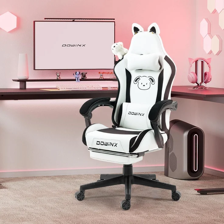 Dowinx Gaming Stuhl Süße Hund Edition Ergonomisch PU-Leder weiß Kaninchen – Bild 2