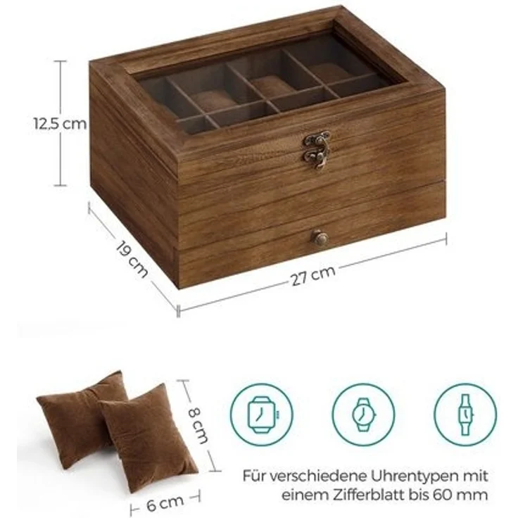 SONGMICS Uhrenbox mit 8 Fächern, Uhrenkasten aus Massivholz, mit Glasdeckel, Uhrenkissen, Schmuckaufbewahrung, Geschenk für Ihre Liebsten, walnussfarben JOW008K01 – Bild 5