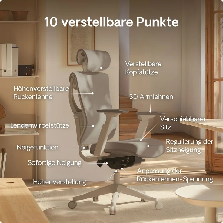 Desktronic Bürostuhl Verstellbarer Ergonomischer SitPro, Grau 3-Dimensional Armlehne, Integrierte 5-Wege-Lendenwirbelstütze – Bild 4