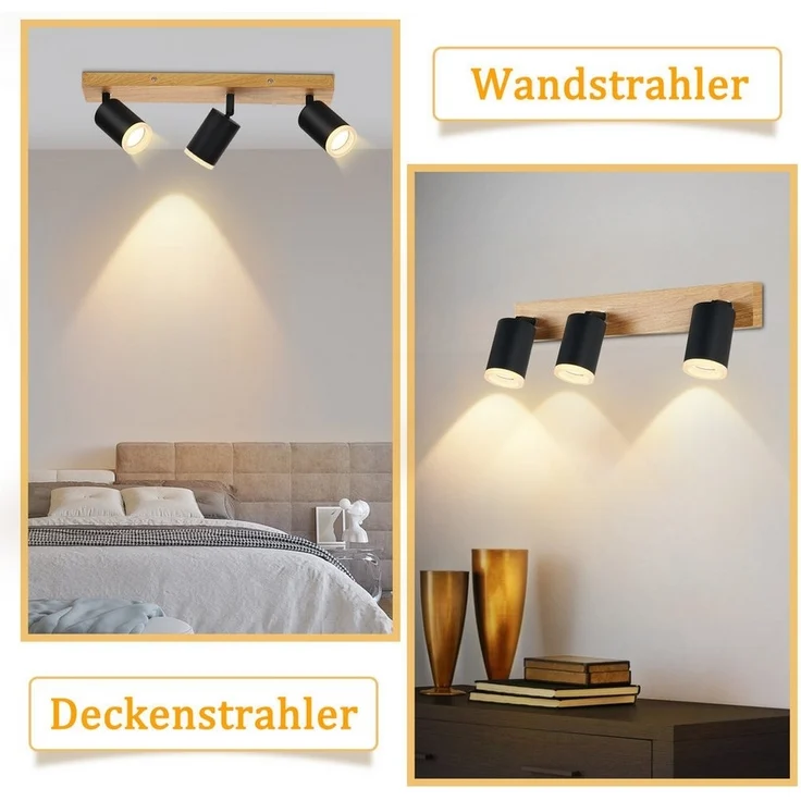 Nettlife Deckenstrahler Schwarz/Weiß GU10 Holz Vintage Deckenspots Küchenlampe, Schwenkbar, LED wechselbar, 350°Drehbar Flur Strahler Industrial für Wohnzimmer Schlafzimmer Küche – Bild 2