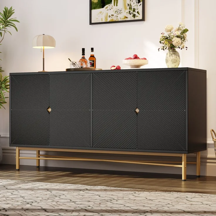 DESVIAE Sideboard mit 4 Türen und Soft-Close 160x82x40 cm aus MDF und Spanplatte Schwarz