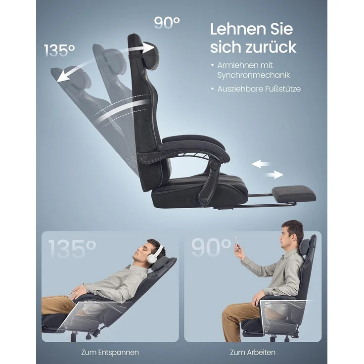 SONGMICS Gaming-Stuhl, Bürostuhl, Schreibtischstuhl, ergonomischer Gaming-Sessel, Sitzkissen mit Federn, Fußstütze, Armlehnen mit Synchronmechanik, tintenschwarz – Bild 7