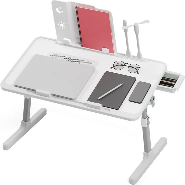 Rutaqian Schreibtisch Laptoptisch Betttisch,Tisch,Verstellbarer Lap Desk mit Lichtventilator (56x32x26cm,Klappbarer Laptop-Schreibtisch für Bett mit USB), Laptop Tisch für Lesen Essen Sofa Bett Couch