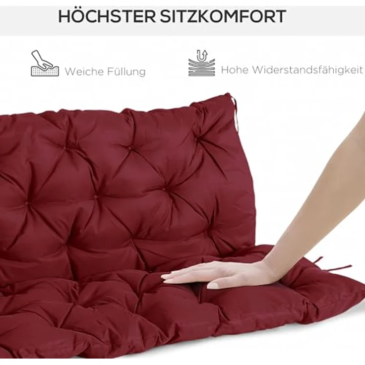 Outsunny Bankauflage 3 Sitzer, 150 x 98 x 8 cm, mit Bändern, Outdoor/Indoor, (Set, 1 St, 1 Sitzkissen), für Gartenmöbel, Fensterbank Sitzbank, Hollywoodschaukel, Rot – Bild 7