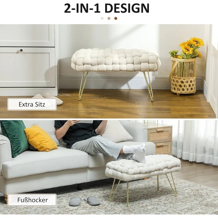 HOMCOM Fußhocker mit Samtoptik, gepolstertem Sitz, Metallbeine, Fußstütze (Sitzhocker, 1 St, Polsterhocker), für Wohnzimmer, Schlafzimmer, 76 x 38 x 41,5 cm, Cremeweiß – Bild 5
