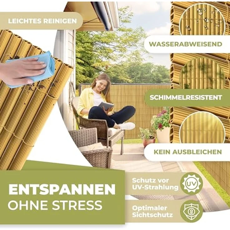 KESSER® PVC Sichtschutzmatte Sichtschutzzaun 100x400 cm Balkonverkleidung Windschutz verstärkte Lamellen für Garten Balkon & Terrasse Balkonumrandung inkl Kabelbindern, Abdeckung & Handschuhe Bambus – Bild 4