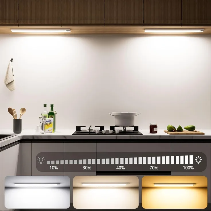 OUILA Unterbauleuchte Küche LED 43.5CM, 2 Stück 3 Farbmodi Dimmbar Schrankbeleuchtung, 108LEDs küchenlicht Bewegungsmelder Innen Lampe 2500mAh USB Wiederaufladbar, Leiste Für Regale, Kleiderschrank