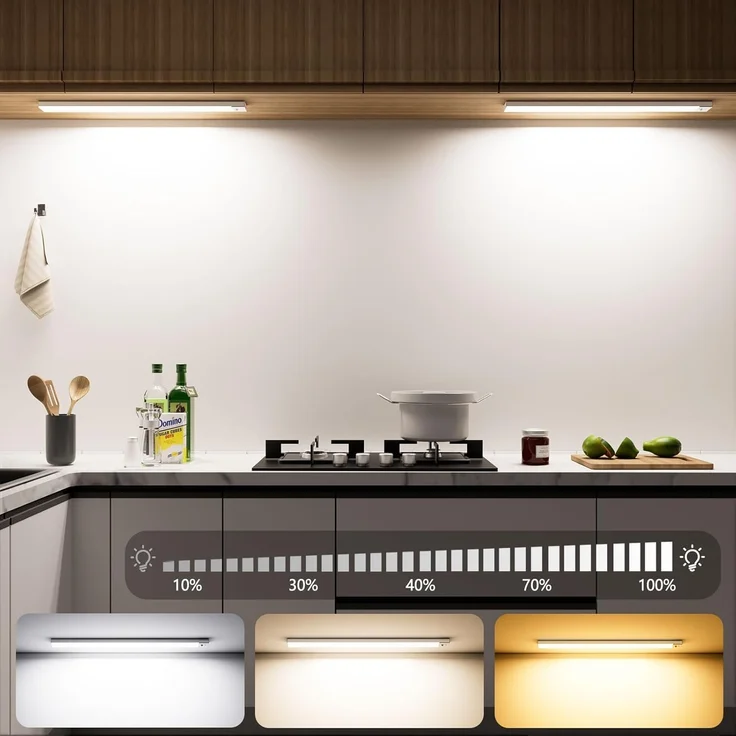 OUILA Unterbauleuchte Küche LED 43.5CM, 2 Stück 3 Farbmodi Dimmbar Schrankbeleuchtung, 108LEDs küchenlicht Bewegungsmelder Innen Lampe 2500mAh USB Wiederaufladbar, Leiste Für Regale, Kleiderschrank – Bild 1