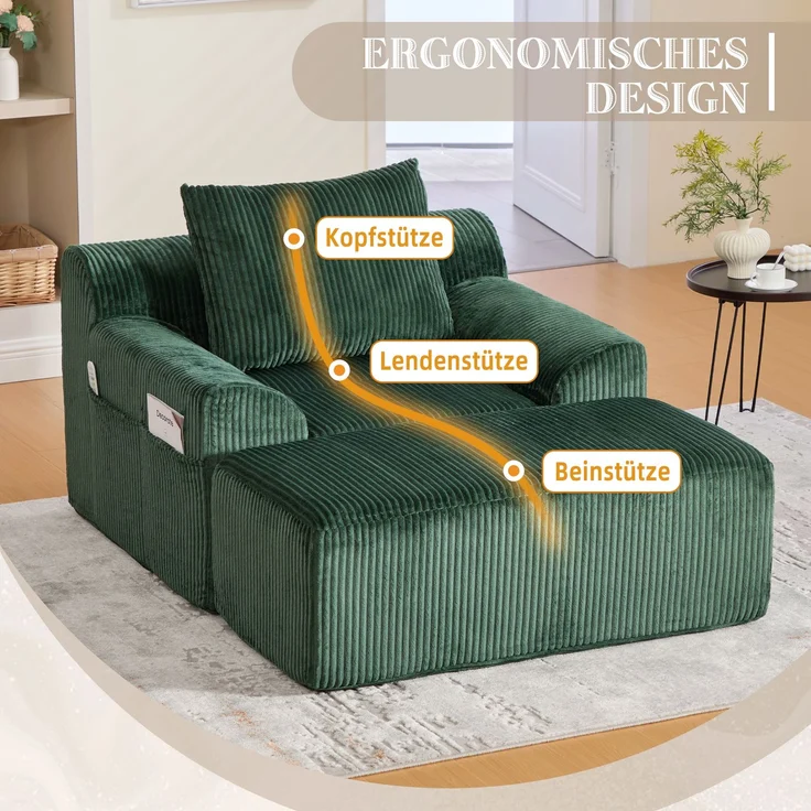 Sessel Cord mit Fußhocker, 147 x 110 x 67 cm,Relaxsessel mit Stauraumtaschen & Federkern, kein Aufbau,Smaragd – Bild 5