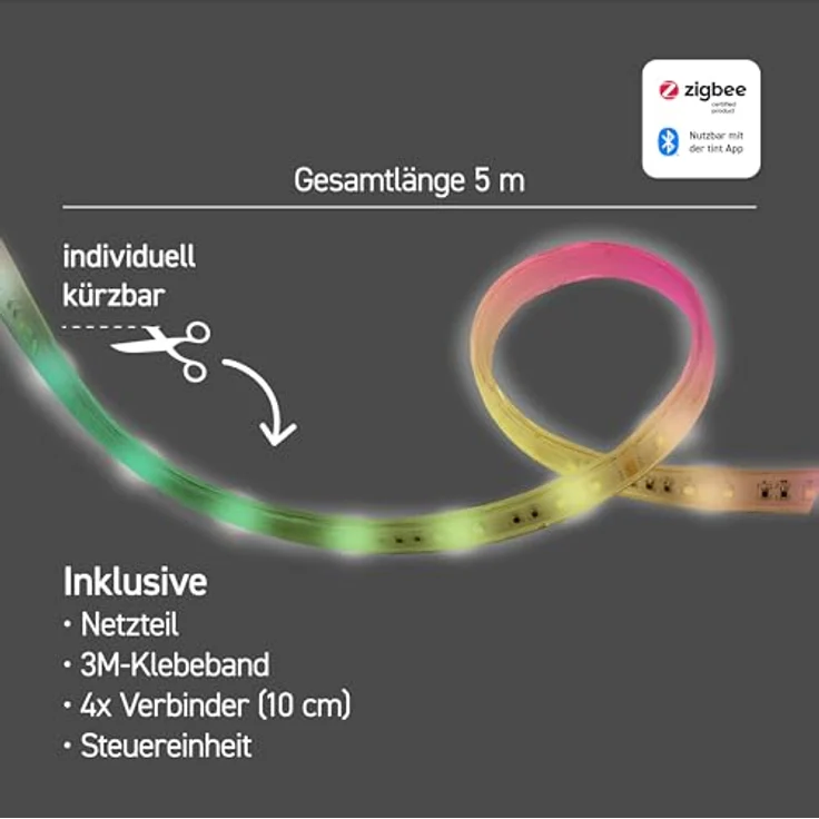 Müller-Licht tint Smarter LED Strip, RGB LED Lichtstreifen mit Farbwechsel, 5m Länge, 24W, 6 vorprogrammierte Lichtszenen, Bluetooth+Zigbee, kompatibel mit Alexa – Bild 2