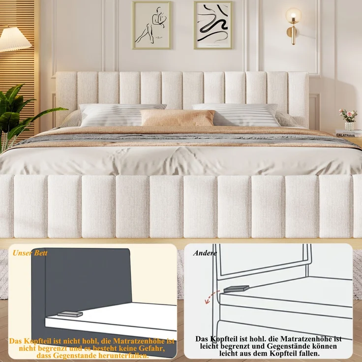 Polsterbett, Doppelbett, 180 x 200 cm, Bett mit Lattenrost, Kopfteil,Gepolstertes Kopfteil, Ohne Matratze, Beige Chenille – Bild 8