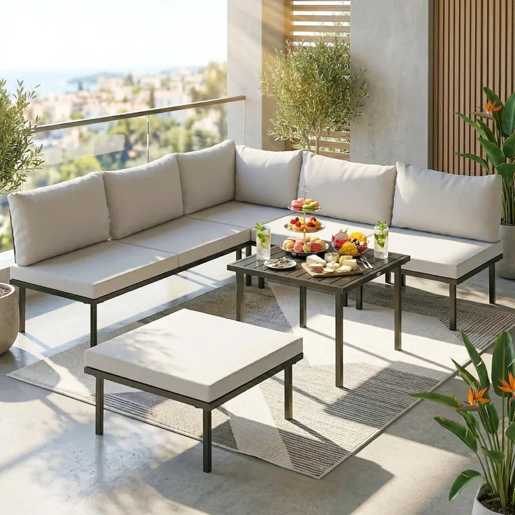 Wohnora-Lounge Gartenmöbel Set 5-6 Personen Gartenlounge Set mit 2 Sitzer Gartensofa 2 Stühle Eckstuhl Lamell-Tisch Fußhocker,H 64cm x T 234cm x B 176cm,Hellgrau