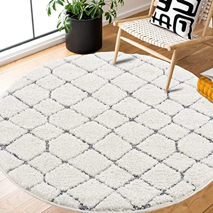 Teppich Rund - Hochflor - Boho - Pastell Cream Grau - 160x160cm - Modern Raute Muster - Skandinavisch Flauschig Weich - Wohnteppich Schlafzimmer Dekoration – Bild 2