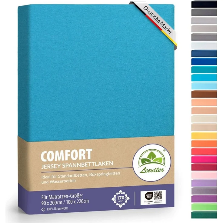 leevitex® Spannbettlaken, Premium 170g/m², Gummizug: rundum, schwer und dick, 100% Jersey-Baumwolle, Türkis / Ocean, 90 x 200 - 100 x 220 cm – Bild 1