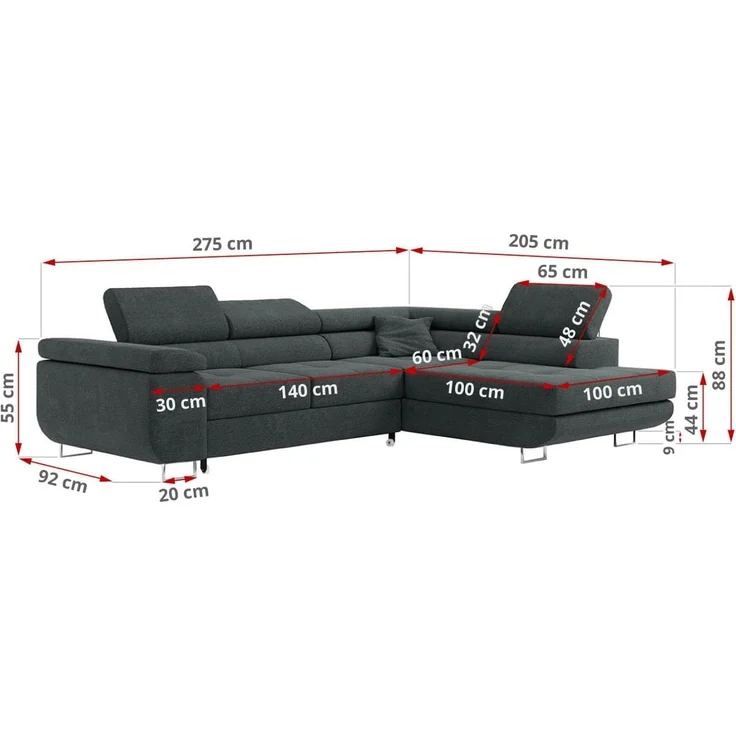 Ecksofa L-Form Couch mit Schlaffunktion und Verstellbare Kopfstützen - GUSTAW - Dunkelgrau Stoff - Rechts – Bild 2