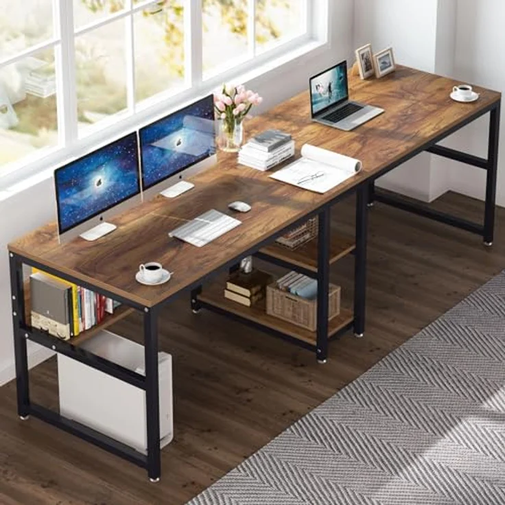 LITTLE TREE Schreibtisch Computertisch 240 x 75 x 60 cm, großer Schreibtisch aus Industriell Holz und Metall als Bürotisch Arbeitstisch für 2 Personen, ideal für Homeoffice Gaming, Braun – Bild 4